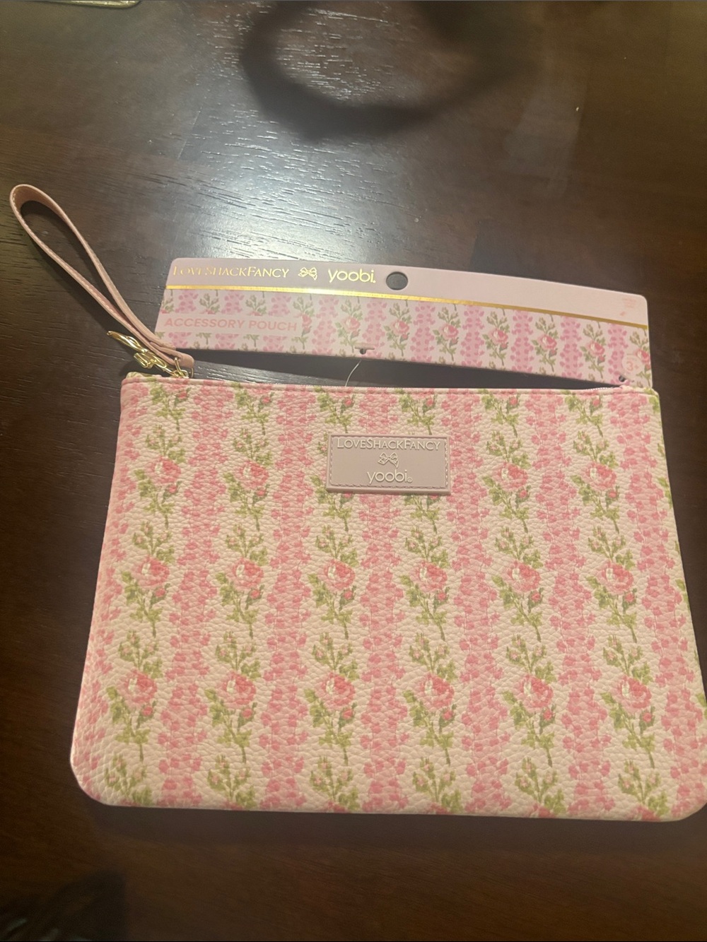 LoveShackFancy Pink Floral Wristlet Pouch with Gold Accent